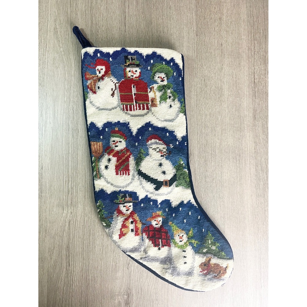 Vintage Needlepoint Christmas Stocking Snowmen Navy Blue Velvet Back 17.5 Inch